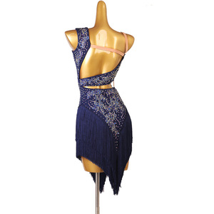Robe de <span class=keywords><strong>Danse</strong></span> Latine Scintillante pour Compétition, Sexy, Dos Nu, à Franges, pour <span class=keywords><strong>Jive</strong></span> et Three Step, Bleu Marine, pour Femme, Robe de Performance Latine - Product Image 3
