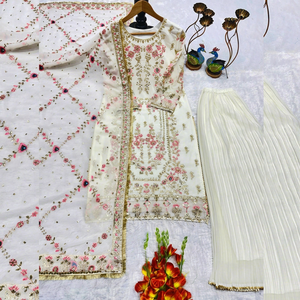 <b>Women</b> White Floral Embroidered <b>Kurta</b> Palazzo Dupatta Set Indian Pakistani Party Wear Suit - Product Image 1