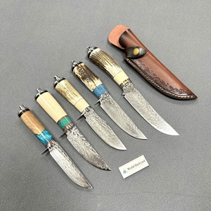 Cuchillo de caza de ciervos para exteriores Damascus, hoja fija de espiga completa con escamas de hueso de ganado, para desollar y supervivencia - Product Image 2