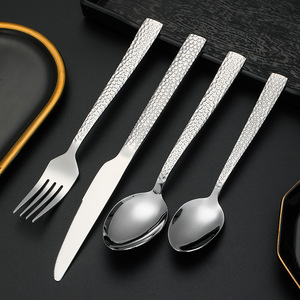Stainless Steel Steak Knife Fork Spoon <b>Set</b> 4 Pieces Hammered Texture Western Cutlery Dinnerware <b>Set</b> - Product Image 1