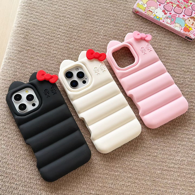 MOQ 500 Newest 3D silicone cartoon Puffer bowknot KT cat cute girls mobile phone case for iPhone 12 pro max 13 14 15 16 17 cover