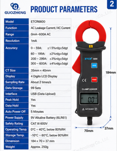 Pinza Amperimétrica Digital de Alta Precisión ETCR6600 para Corriente de Fuga de CA 600A con Monitoreo por Software USB y Función Hold - Product Image 3
