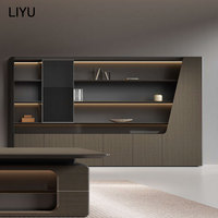 Meja Kantor Eksekutif Motif Kayu Modern dengan Kabinet Penyimpanan Aksen LED Biru untuk Manajer Direktur, Furnitur Workstation Komersial