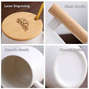 Mug en céramique avec poignée en bois simple, idéal pour les activités de vacances, cadeau, bureau, tasses à eau avec couvercle et cuillère - Product Image 2