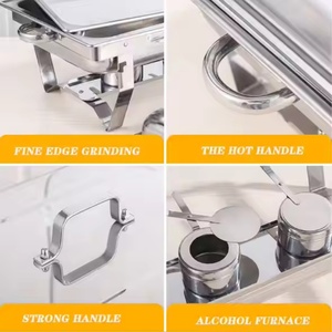 Ensemble <span class=keywords><strong>chauffe</strong></span>-plats rectangulaire en acier inoxydable argenté, avec plateau, réservoir de combustible, couvercle et cadre pliable, pour buffets et restaurants, 9L Royal - Product Image 2