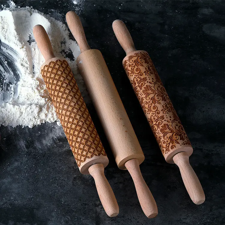 Hot Sale Laser Engraved Solid Wood Pastrymade Fondant Rolling Pin Embossing Rolling Pin