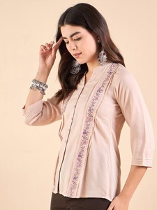 Top de algodón con cuello mandarín estampado Camisa de algodón Estilo Top regular - Product Image 4