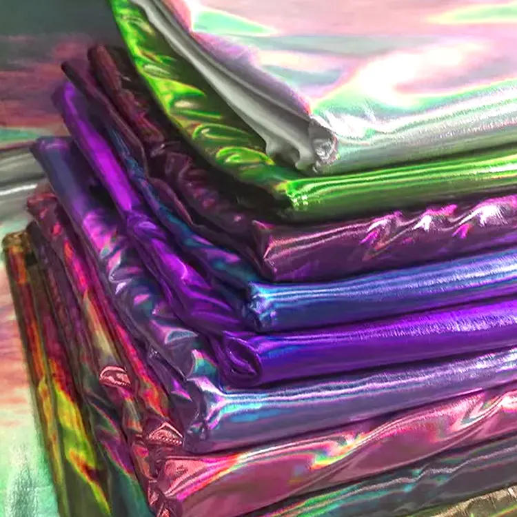 Rainbow Shiny Shattered Glass Neon Foil Print Spandex Polyester Holographic stretch Fabric