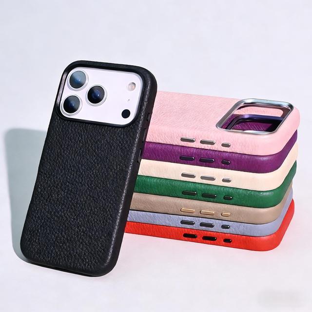 Embossed Genuine Leather Pure Color Phone Case for 17 Pro Max 16 Pro Full Coverage Strong Magnetic N52 with Metal Buttons