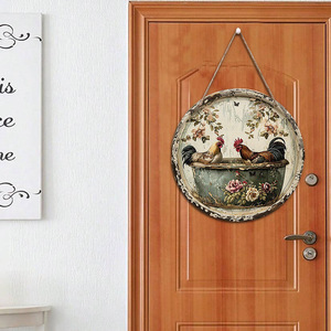 Vintage <b>wall</b> <b>decorations</b>, country garden ornaments, distressed potted chicken pattern wooden round signboard - Product Image 2