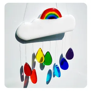 Handmade Fused Glass Rainbow With Cloud Pattern Rain Drops Suncatcher Hanging Decor Stained Fused Glass Windbell Window Hanging