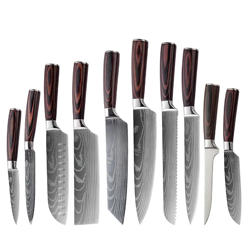 Customized 10 pcs sharp wooden German stainless steel steak chef modern knife kitchen knife set