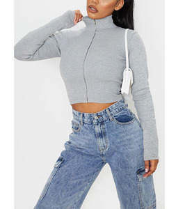 Top da donna con <span class=keywords><strong>Zip</strong></span> Jumbo a costine e collo alto Casual OEM <span class=keywords><strong>felpa</strong></span> da ragazza giacca da allenamento personalizzata da donna - Product Image 1