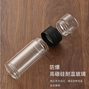 Taza de té de vidrio de doble pared con filtro, aislada para preparar y beber, en colores plateado, azul marino y negro, con caja de regalo, taza individual. - Product Image 1