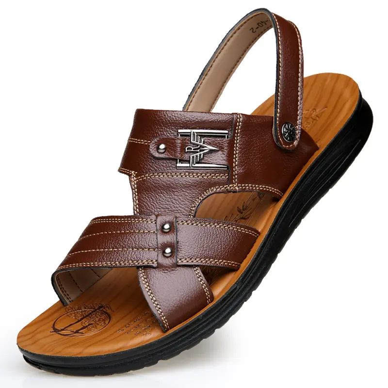 Wholesale Gents Outdoor Cork Footwear Casual Black Strap Pu Leather Flat Sandal man sandals