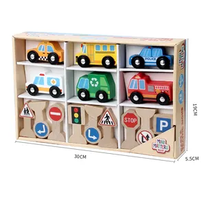 Brinquedo De Veículo De Madeira Carro De Tráfego Modelo Play Set Carros De Madeira Transporte Luz Building Blocks Puzzles Jogos Brinquedos Educativos