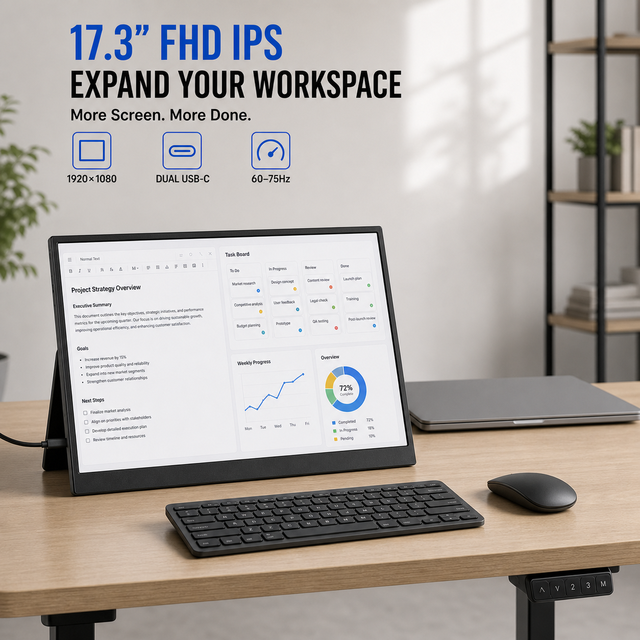17.3 Inch Laptop Monitor Extender 1920x1080 IPS Portable Second Display with Desktop Stand and VESA 75 Mount Gaming Monitor