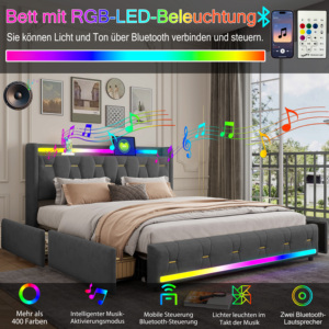 Plateforme <span class=keywords><strong>de</strong></span> <span class=keywords><strong>lit</strong></span> capitonnée en velours avec éclairage LED RGB, haut-parleur Bluetooth et tête <span class=keywords><strong>de</strong></span> <span class=keywords><strong>lit</strong></span> capitonnée pour chambre à coucher - Product Image 3