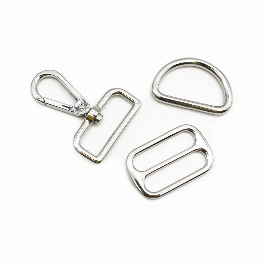 Mayorista Chapado Pulido Color plata brillante Giratorio Snap Dog Hook Regulador de aleación de zinc Hierro D Ring Set Hardware para bolsas