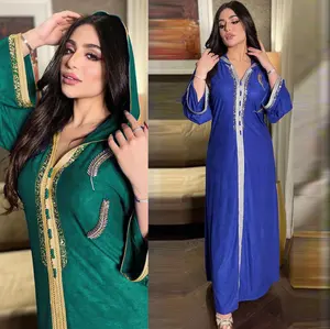 Vente chaude Ramadan Eid Jalabiya Mode Musulman Dubaï Arabe À Capuche Abaya Robe Marocaine Caftan Diamant Jalabiat Femmes Robe 2023