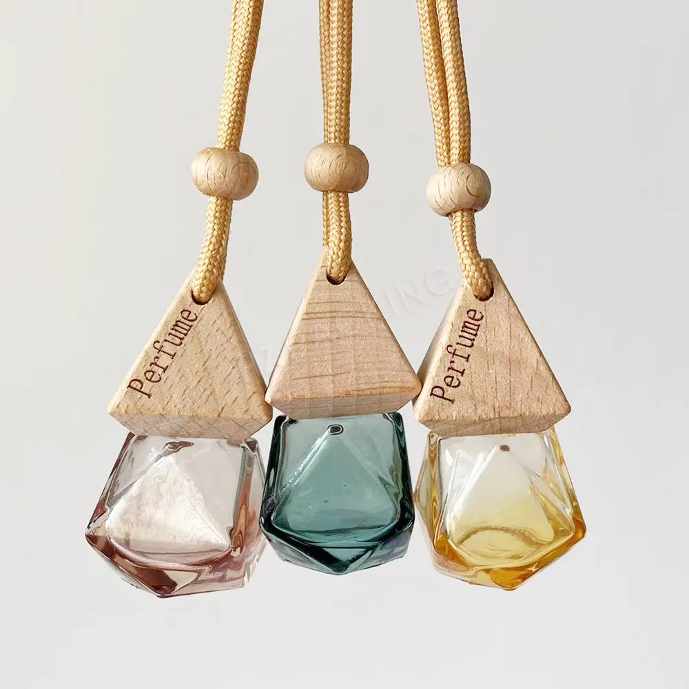 Mub botol parfum kaca bentuk segitiga, botol parfum mobil gantung warna kosong Mini 8ml dengan tutup kayu