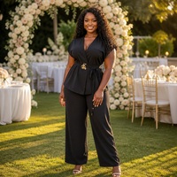 Ensemble élégant deux pièces pour femme : haut sans manches col en V avec ceinture et pantalon large, chic et décontracté pour le bureau, couleur unie