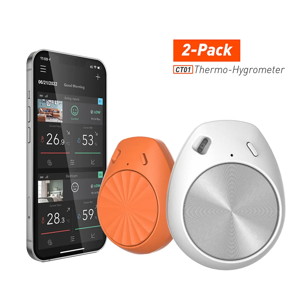 2-Pack Smart Bluetooth Wireless Digital Moisture Sensor Meter Temperature Humidity Mini Hygrometer With Magnet and Clock