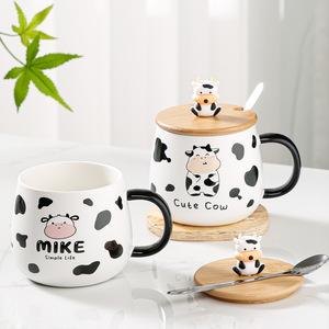 Logotipo personalizado 480ml Alta Capacidade Reutilizável Novos Desenhos Animados Bonito Vaca Design Caneca De Café Copos De Cerâmica com Tampa Colher - Product Image 2