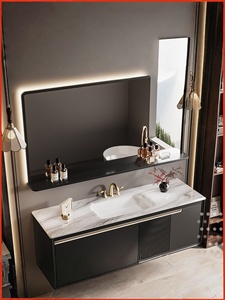 French retro luxury stone slab hot bending integrated basin intelligent mirror wall hanging bathroom cabinet - Product Image 1