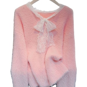 เสื้อสเวตเตอร์ลำลองผ้าขนแกะแขนยาวคอวีสำหรับผู้หญิงเสื้อสเวตเตอร์ลูกไม้ด้านหน้าโลโก้งานเย็บปะดีไซน์ทรงหลวม - Product Image 1