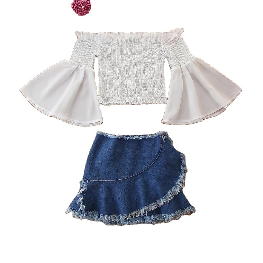 Hot Sale Cotton Girls Clothing Sets Flare Sleeve White Shoulder Shirt Denim  Jean Skirt Summer Kids Clothing for 12 Years Old