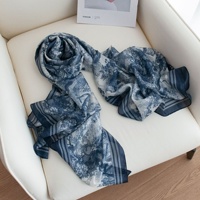 Écharpe longue en soie de mûrier imprimée Printemps-Été 2026, bleue, haut de gamme, artistique, vintage, florale, protection solaire, grand châle fin pour femme