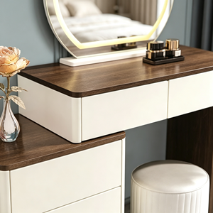 Tocador de maquillaje moderno blanco con espejo LED redondo, gabinete de almacenamiento y taburete para dormitorio. - Product Image 2