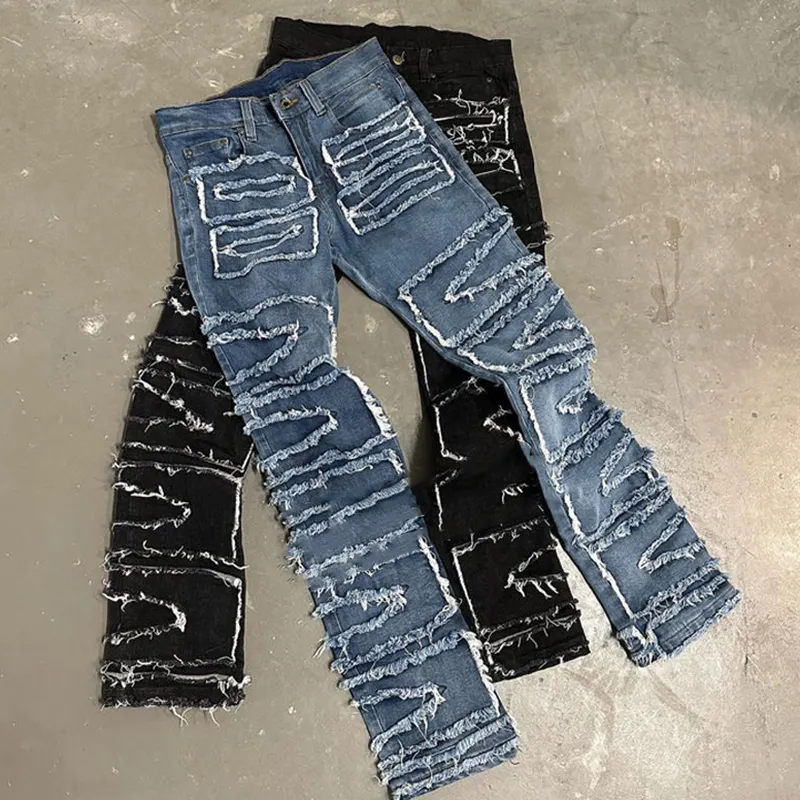 YSJY Fabricante de fábrica Streetwear Slim Fit Stylish Cut Edge Stacked Jeans Flare Custom Ripped Distressed Skinny Stacked Jeans