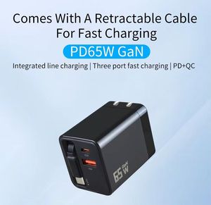Retractable 65W PD USB C Charger EU US <b>Plug</b> 65W GaN Fast Phone Wall Charger with 60CM Retractable Cable - Product Image 3