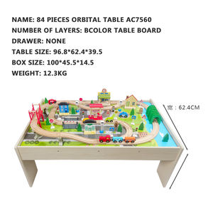 3-in-1-Aktivitätstabelle für Holzzüge mit 84 Stück und Vorrats behälter für Kinder, die Bau spielzeug im Alter von 3 Jahren zeichnen - Product Image 2