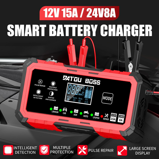 DATOU BOSS 12V 15A / 24V 8A Smart Battery Charger, Pulse Repair for Car, Motorcycle, LiFePO4, AGM, Lithium Batteries US STOCK