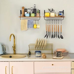 Kitchen water cup wall-mounted <b>rack</b> combining solid wood and iron, decorative storage <b>rack</b>, simple solid wood <b>shelf</b>, - Product Image 2