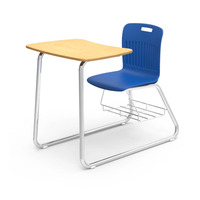 Ensemble de mobilier scolaire universitaire de style américain : bureau et chaise avec base à patins et étagère à livres