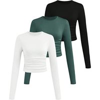 Camiseta Corta Ajustada de Manga Larga con Cuello Redondo y Fruncido para Niñas, Color Blanco Liso, Estilo Casual, Colección 2026
