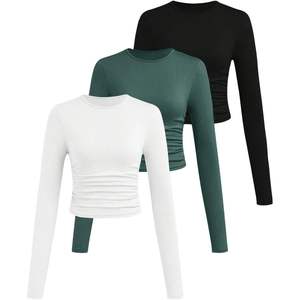 T-shirt court à manches longues froncé pour filles, col rond, coupe ajustée, blanc, décontracté - Product Image 5