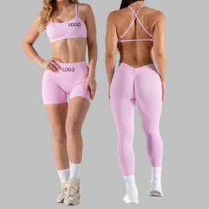 Ensemble de yoga 2 pièces sans couture pour <span class=keywords><strong>femme</strong></span>, soutien-gorge de sport à fines bretelles et short cycliste taille haute push-up, idéal pour l'entraînement et la gym – Nouvelle collection très prisée - Product Image 1
