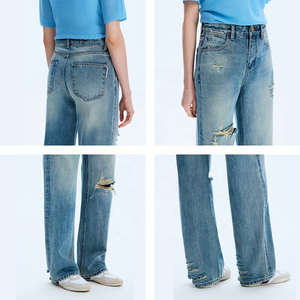 Jeans en denim déchiré taille haute pour <span class=keywords><strong>femme</strong></span>, coupe skinny, style Y2K, décontracté, délavé, jambe droite, style urbain, été - Product Image 6