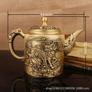 Artigianato in ottone di Dington, antichità, articoli in rame, rilievi, teiera con <span class=keywords><strong>cento</strong></span> benedizioni, drago, fenice, brocca per vino Qilin, per il tè o per la casa - Product Image 2