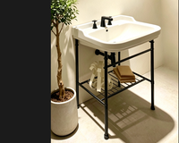 Meuble de salle de bain personnalisé avec pieds de console, base noire, cadre robuste et support de comptoir sur pied