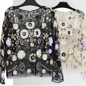 Heavy embroidered flowers sweet lace sequins bottoming shirt round neck long sleeve pullover beaded glitter party dress shirt