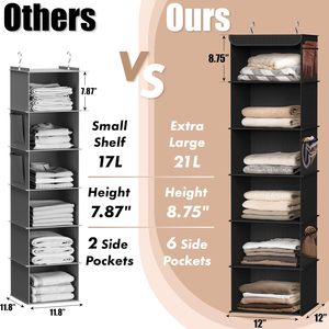 6 Shelf Hanging Closet Organizer Black Fabric <b>Storage</b> For Behind Doors On Walls Neatening Clothes - Product Image 4
