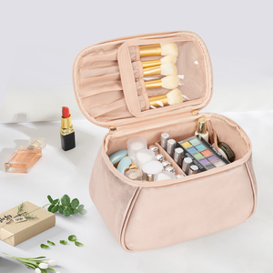 Sac de maquillage en nylon or rose personnalisé avec fermeture éclair, poignée souple, design en U pour les pinceaux de maquillage - Grande capacité pour les voyages - Product Image 6