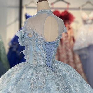 Para 6881 Gorgeous High Neck Blue Crystal Ball Gown Quinceanera Girls Dress Print Anti-Static Chapel Train - Product Image 6