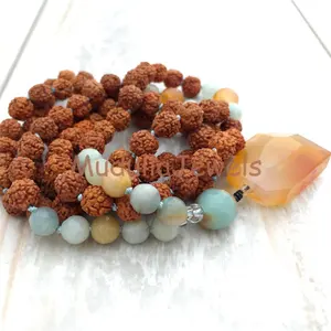 MN21527 Natural Gemstone Rudraksha Amazonite Carnelian 108 Mala Beads Hand Knotted Necklace Spiritual Mantra Yoga Jewelry